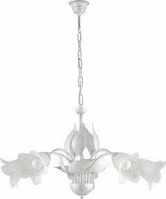 Olga – żyrandol z białego lakierowanego żelaza, zdobienia w kolorze antycznego srebra, klosze z białego alabastru Ø14 cm, klasyczny styl, 5 świateł