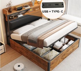Łóżko z pojemnikiem 140x200 cm - z portem USB i półkami - czarne (materac nie jest wliczony w cenę)