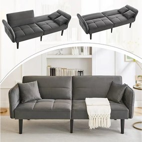 Sofa 2 w 1 z funkcją spania - 176 x 78 x 76 cm - 2-osobowa - ze składanymi podłokietnikami - aksamitna - szara