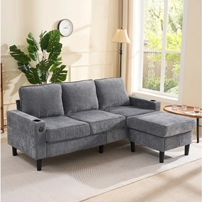 Sofa tapicerowana w kształcie litery L, 3-osobowa - 202 x 137 x 80 cm - z portami USB i Type-C + 2 uchwyty na kubki - len - szary