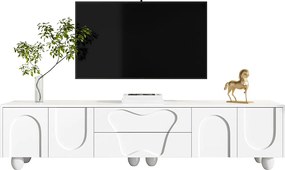 Szafka RTV na nogach drewnianych - 180 x 40 x 42 cm - z 2 szufladami + 4 drzwiami - płyta wiórowa - biała