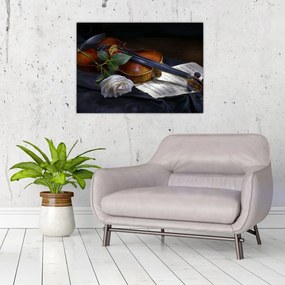 Obraz na szkle - Róże i skrzypce (70x50 cm)