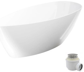 Wanna wolnostojąca SUZA owalna biała z konglomeratu 160 x 70 cm bez przelewu cienki rant | Różne kolory korków : Kolor korka - Chrom