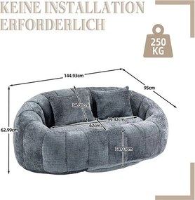Leniwy Fotel z Weluru - 2-osobowy - z 2 Poduszkami - 62cm Głębokość Siedziska - Max. Obciążenie 250kg - Szary