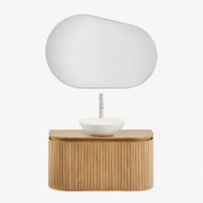 Zestaw Mebli Łazienkowych Z Drewna Mango Analis Naturalna & Cement Okrągły Biały Ø40 Cm Zavion & Owalna Lampa Led I - Sklum