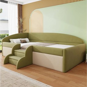 Sofa tapicerowana z funkcją spania - 90 x 190 cm - ze stopniami i barierkami - welur - bez materaca - ciemnozielona + kremowo-biała