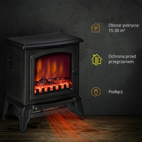 HOMCOM Elektryczny Kominek Wolnostojący, Efekt Płomieni, 2 Tryby Grzewcze 1000W/2000W, Hartowane Szkło, Czarny, 36,5x24x45,5 cm