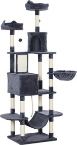PawHut Drapak 206 cm z domkiem, 2 piłeczki do zabawy, słupy sizalowe, platforma dla dużych kotów, Ciemnoszary