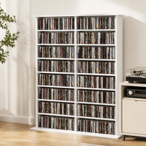 HOMCOM Regał multimedialny, 8 poziomów, regał na DVD z 12 regulowanymi półkami, 16 przegród, pojemność 720 CD, biały | Aosom PL