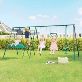 AIYAPLAY 5 w 1 huśtawka z regulowaną huśtawką typu gniazdo, kółkami gimnastycznymi, dwusiedziskiem, ścianką wspinaczkową, dla dzieci 3-8 lat, 440x175x203 cm | Aosom PL