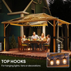 Outsunny Pawilon ogrodowy 4x3m aluminiowy z dachem z poliwęglanu 6 mm, moskitiera, 4 zasłony, imitacja drewna, naturalne drewno | Aosom PL