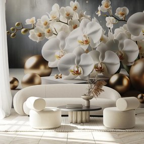 Fototapeta - Orchidea i złote kulki (196x136 cm)
