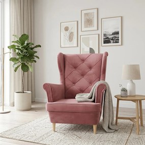Fotel uszak YORK – elegancki fotel wypoczynkowy w tkaninie MONOLITH 63 różowej