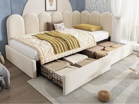 Rozkładana sofa 90x190 cm - z 2 szufladami - tkanina welurowa - z stelażem lamelowym - Beżowy​ (bez materaca)