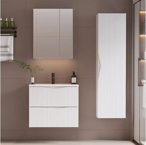 Biały Zestaw do Łazienki 60cm Szafka z Umywalką Słupek Ryflowane Fronty Cleo