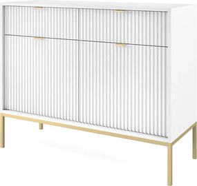 Komoda Design NOVA - Kolor: Biały, fasada Geriffelt, 2 drzwi, 2 szuflady, 83x104x39cm, złote metalowe nogi, mebel uniwersalny