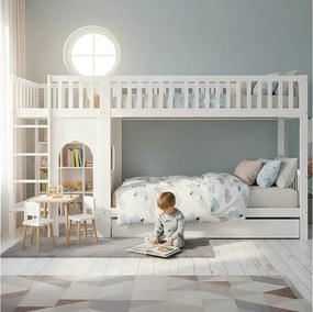 Łóżko piętrowe dla dzieci - 2 x 90 x 200 cm - z barierkami zabezpieczającymi + szuflady - sosna + płyta MDF - białe