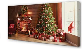 Zdjęcie na płótnie Kominek, Choinka, Prezenty i Lampki