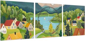 Obraz - Wioska w górach (z zegarem) (90x30 cm)