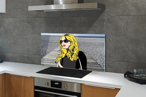 Szkło do Kuchni na Ścianę Kobieta w Okularach i Czerwonych Ustach