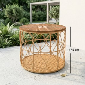 Outsunny Stolik kawowy Ø50 cm, wodoodporny stolik ogrodowy z rattanowym wykończeniem, blat z drewna akacjowego, regulowane nóżki, kolor teak | Aosom PL