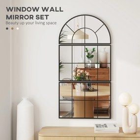 HOMCOM Lustrzany Panel ścienny, Lustra Okienne, Trzyczęściowe, z Metalową Ramą, 76 x 53 cm, Czarny