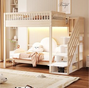 Łóżko piętrowe dla dzieci - 140 x 200 cm - z drabinką + barierką zabezpieczającą + diodami LED - drewno - naturalne