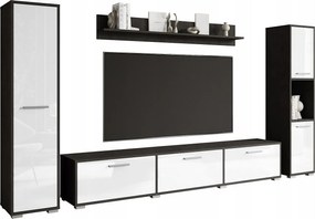 Nowoczesna meblościanka zestaw wisząco-stojący, szafka RTV 180 cm, 2 słupki, półka, korpus Matera mat fronty biały połysk