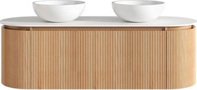 Wisząca ryflowana szafka łazienkowa z dwiema okrągłymi nablatowymi umywalkami z solid surface – jasny naturalny – szer. 150 cm – LILIKO