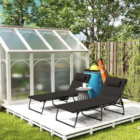 Outsunny Zestaw 2 leżaków składanych z poduszką, 5-stopniowo regulowane oparcie, kieszeń boczna, czarny | Aosom PL