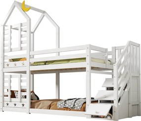 Łóżko piętrowe dla dzieci - 2 x 90 x 200 cm - z szufladami + barierka zabezpieczająca + drabinka - drewno - białe