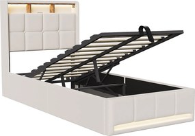 Łóżko 90x200 cm z oświetleniem LED, hydraulicznym schowkiem, stelażem z listew, ładowarkami USB i typu C - beżowa tkanina lniana