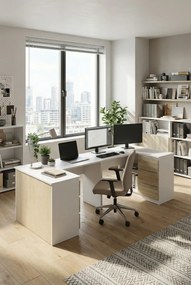 Biurko dwuosobowe komputerowe białe + dąb sonoma T2-D65