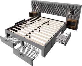 Łóżko tapicerowane z pojemnikiem na pościel, 180 x 200 cm, 2 szafki nocne + 4 szuflady + lampka do czytania + port USB - aksamitne - szare