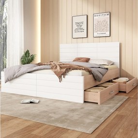 Łóżko 160 x 200 cm z wezgłowiem i 2 szufladami - Drewno lite + MDF - Stelaż listwowy - Dąb/biały (bez materaca)