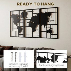 HOMCOM Dekoracja ścienna z metalu, 3 części, mapa świata, sztuka na ścianę do salonu, sypialni, przedpokoju, 50 x 80 cm, czarny | Aosom PL