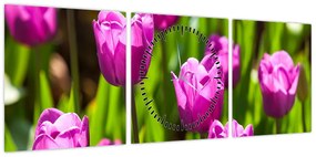 Obraz tulipanów na łące (z zegarem) (90x30 cm)