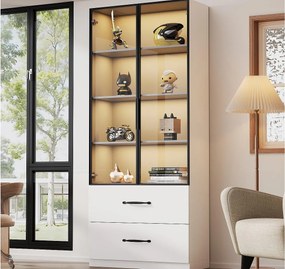 Witryna 60×40×160 cm - z oświetleniem LED - 2 szklane drzwi i 2 szuflady - konstrukcja aluminiowa - biała