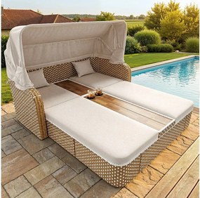 Salon ogrodowy - Leżak bujany - kanapa ogrodowa - ze stali ocynkowanej - 2 osoby - Drewno akacjowe - z regulowanym Parasolem - beżowy