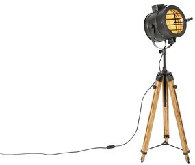 Czarna lampa podłogowa Tripod z drewnianym studyjnym spotem - RadientPrzemysłowy Oswietlenie wewnetrzne