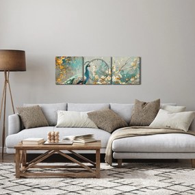 Obraz - Paw ze złotą dekoracją (z zegarem) (90x30 cm)