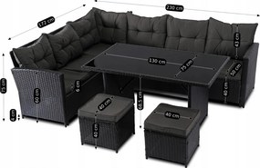 Zestaw mebli ogrodowych Dallas - narożnik, pufy i stół obiadowy, czarny/ciemnoszary