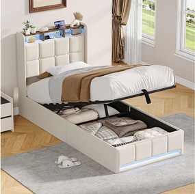 Łóżko 90x200 cm z oświetleniem LED, hydraulicznym schowkiem, stelażem z listew, ładowarkami USB i typu C - beżowa tkanina lniana