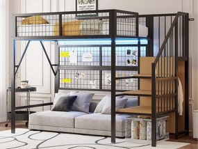 Łóżko mezzanine 90x200 - z oświetleniem LED - z drabiną do przechowywania - z otwartą szafą - czarne (bez materaca)