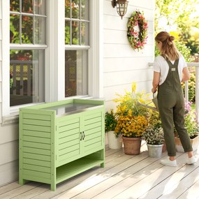 Outsunny Stół do sadzenia z szafką z drewna, szafka ogrodowa z ocynkowanym blatem, 3 półki, 88x40x70,5cm, zielony | Aosom PL