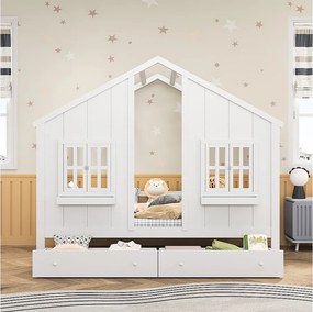 Rama łóżka dziecięcego 90×200 cm z litego drewna w kolorze białym z 2 szufladami