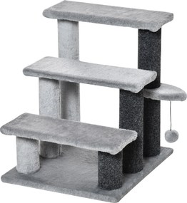 PawHut Drabinka dla Kota 3-stopniowa z Kratzami i Piłką, Drabinka dla Zwierząt dla Kotów do 5 kg Plusz Juta Szary 45 x 40 x 48 cm