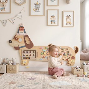 AIYAPLAY Montessori panel motoryczny drewniany Busy Board w kształcie jamnika montowany na ścianie z ksylofonem, zębatkami i bębenkiem | Aosom PL