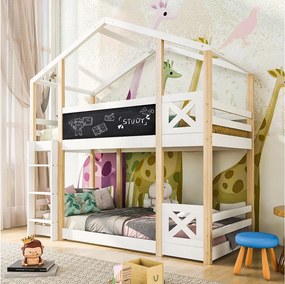 Łóżko piętrowe 90x200 cm Łóżko kabinowe Łóżko dziecięce z drabinką i stelażem - Naturalne i białe (bez materaca)