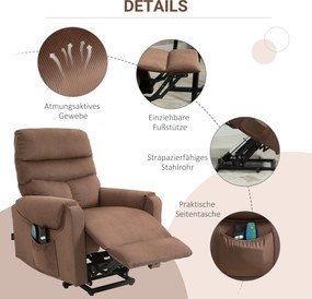 HOMCOM Fotel telewizyjny z masażem i ogrzewaniem funkcja pomoc przy wstawaniu jasnobrązowy 79x97x103 cm | Aosom PL